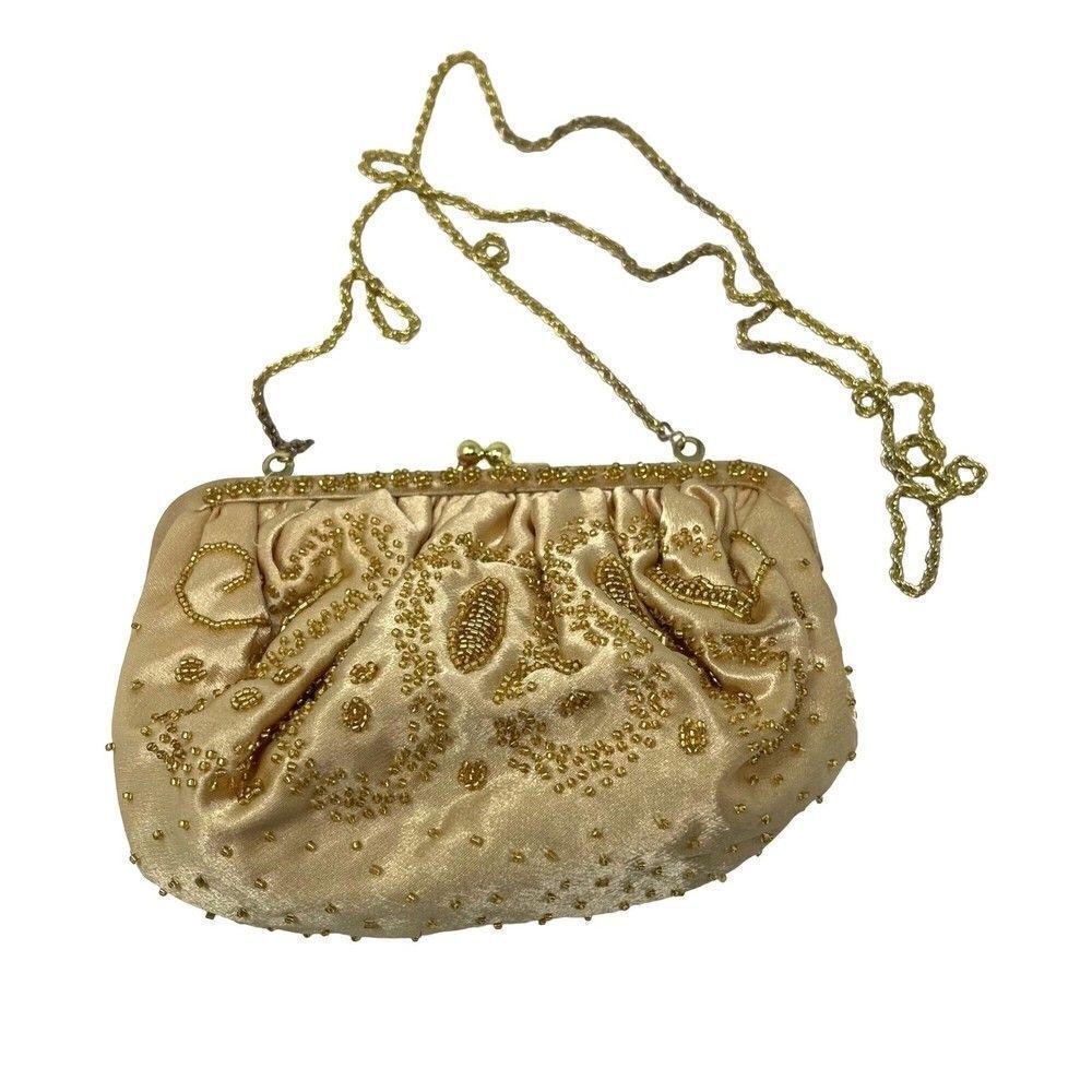La Regale Fabric and Gold beaded cream bag with metal strap BoxU